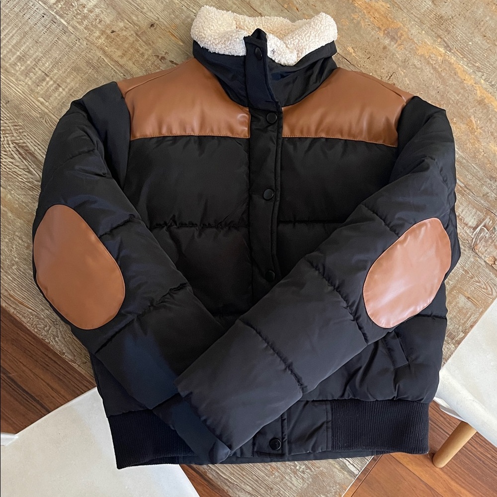 Black and Brown Puffer Jacket with Shearling Collar